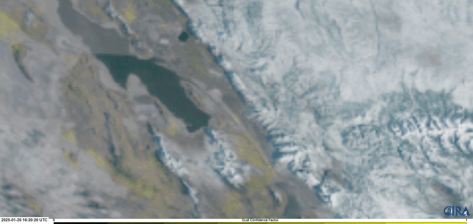 Animated satellite footage of Utah's Wasatch Front metropolitan area from January 20, 2025, showing a dust plume. The yellow shading highlights areas where dust is likely present. This plume originates from the dry Great Salt Lake lakebed and stretches from Farmington Bay (a bay of the Great Salt Lake) south to Utah County.