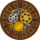 A clock with roman numerals and gears