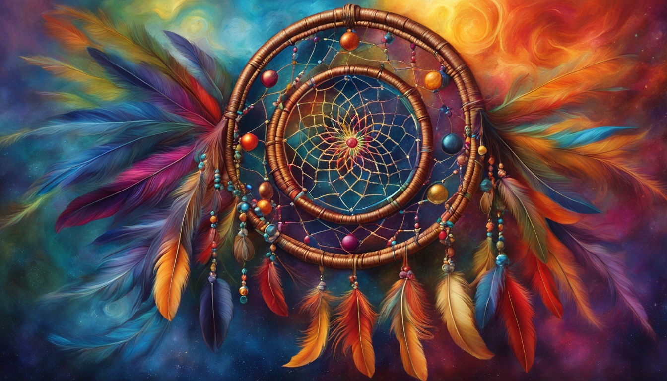 A dreamcatcher with feathers and beads, floating in a sea of swirling colors. The intricate details of the webbing should be emphasized, as if catching and filtering out negative energy. The feathers should be vibrant and flowing, as if infused with positive energy. The beads should be multi-colored and sparkling, representing the myriad of good things that come into your life when you use the Dreamcatcher Method.