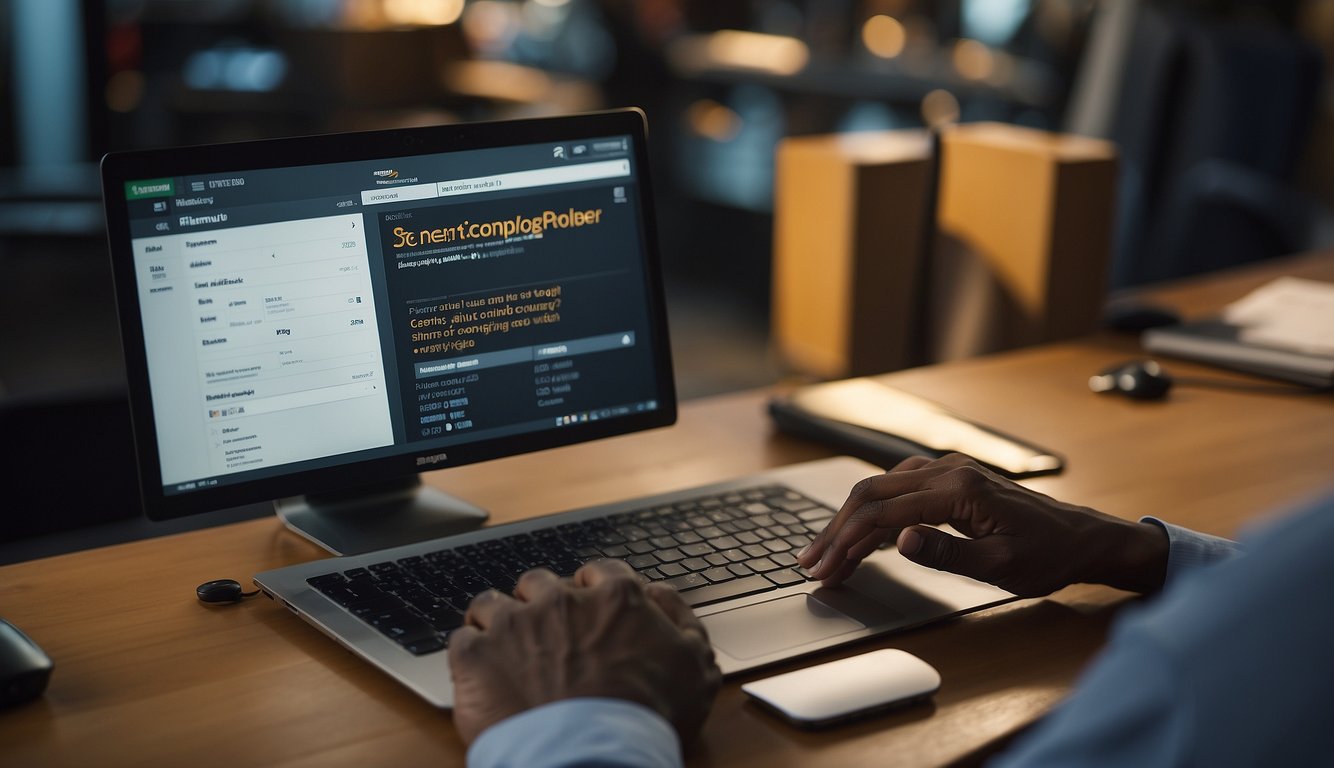 An Amazon seller's pending orders being resolved through a computer screen with a progress bar and a checkmark indicating completion