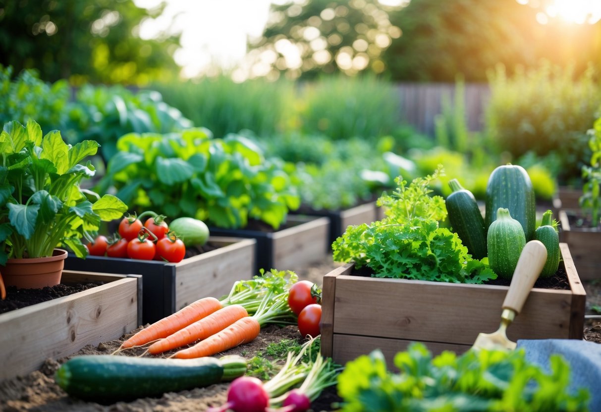 A sunny garden with raised beds, pots, and tools. Carrots, tomatoes, and lettuce grow alongside radishes, zucchini, and herbs