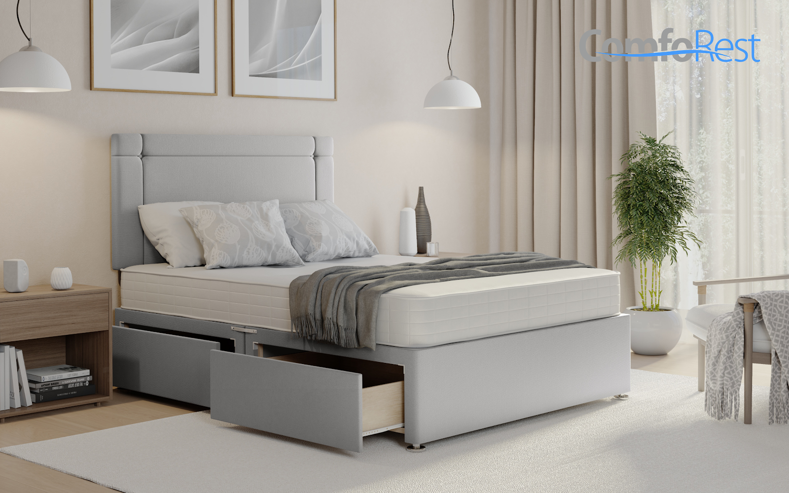 Modern grey divan bed with built-in storage drawers, upholstered headboard, and a cosy bedroom setting. Perfect for stylish and space-saving bedroom solutions