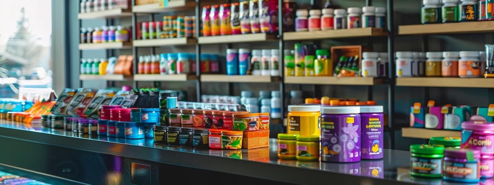a vibrant display of various kratom products arranged on a sleek, modern retail counter in a bustling arizona smoke shop, with colorful packaging and enticing labels that highlight their energizing and calming effects.