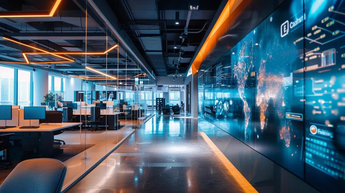a dynamic office environment showcasing advanced ai technology in action, with sleek digital displays illustrating hyper-personalized customer outreach strategies and vibrant data integration, all illuminated by modern lighting that emphasizes a forward-thinking atmosphere.