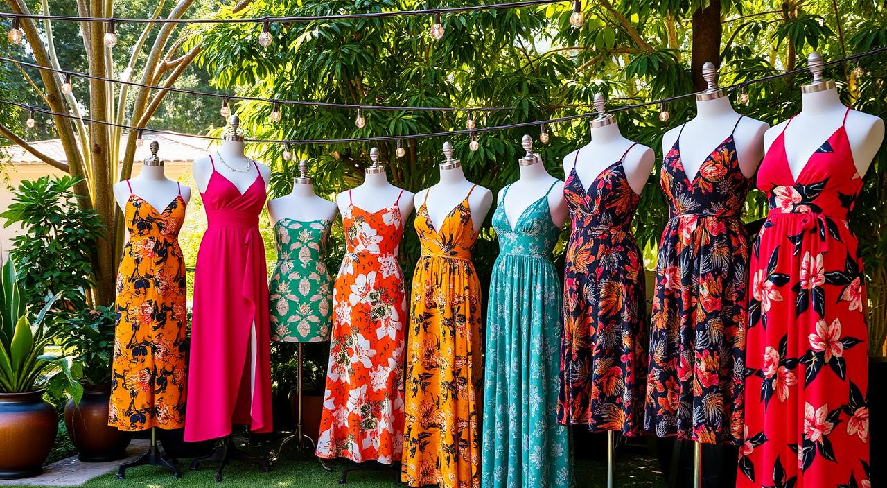 A vibrant outdoor summer soiree scene featuring a variety of stylish Fashion Nova dresses in bold colors and trendy patterns, displayed on elegant mannequins against a backdrop of lush greenery and string lights, with playful sunlight filtering through the leaves, capturing the essence of summer fashion and celebration.