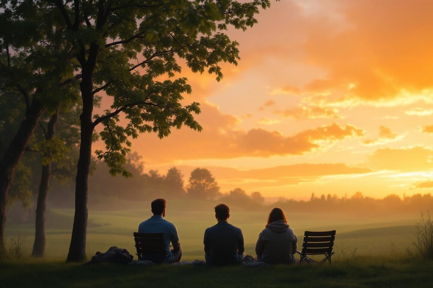 Silhouettes assises sous un arbre, regardant un coucher de soleil doré
