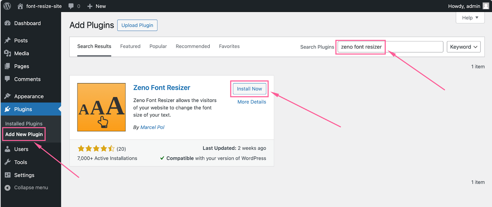 El repositorio de plugins de WordPress como se ve en el panel de administración. El usuario está buscando el plugin "Zeno Font Resizer"