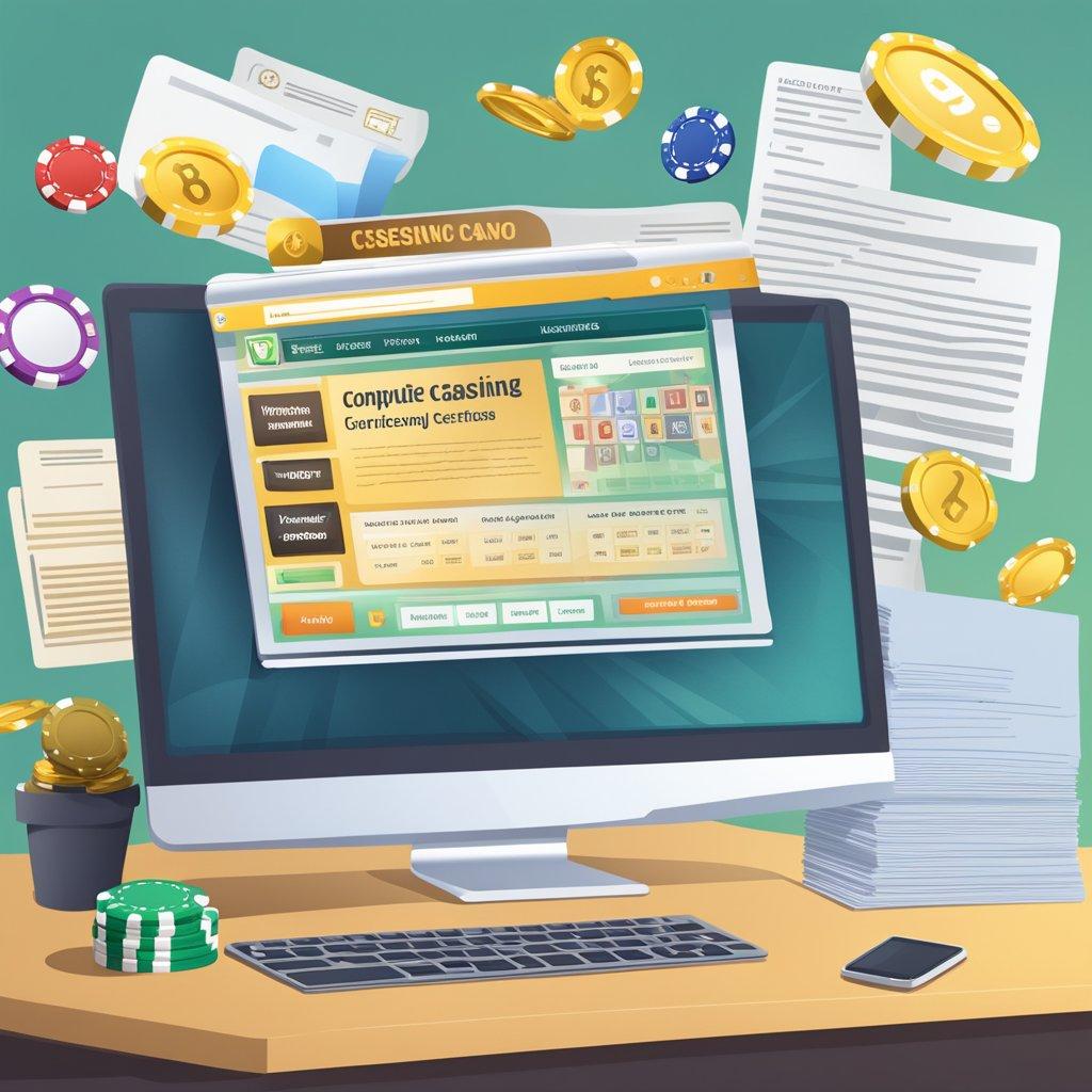 A computer screen displaying a secure online casino website, surrounded by legal documents and a government licensing certificate