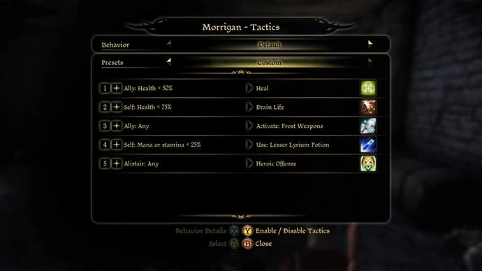 Menu Taktik untuk Morrigan di Dragon Age: Origins.