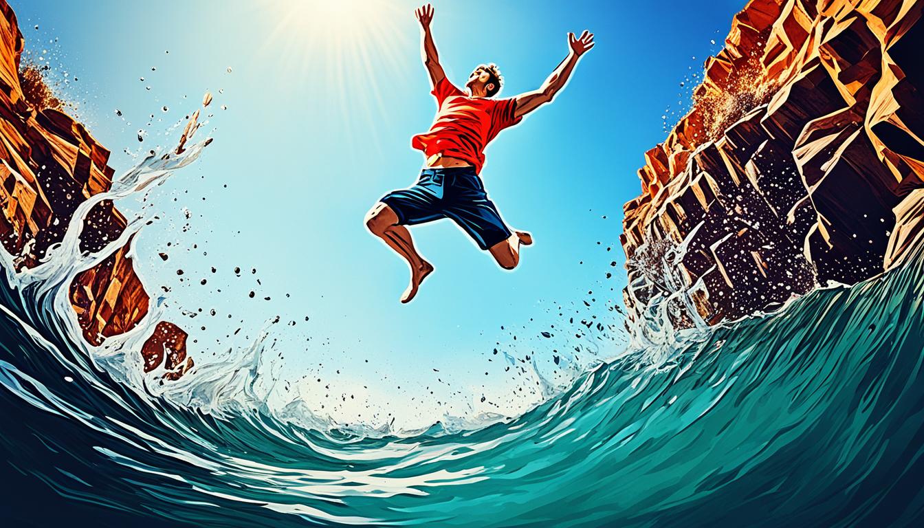 An image of a person jumping off a cliff into the water below, symbolizing taking bold and courageous action in pursuit of one's dreams. The person should be mid-air, with their arms outstretched and a look of determination on their face. The water below should be depicted as clear and inviting, representing the potential rewards of taking inspired action. Surround the scene with mountains or other natural elements to add a sense of adventure and possibility.