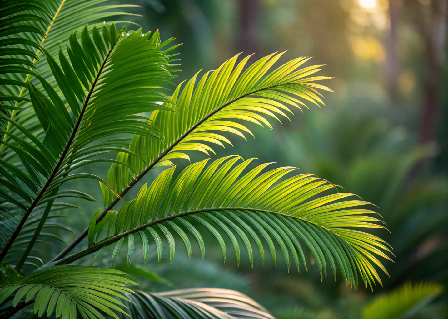 Folhas verdes pinadas da Camedórea-elegante em destaque contra um fundo tropical