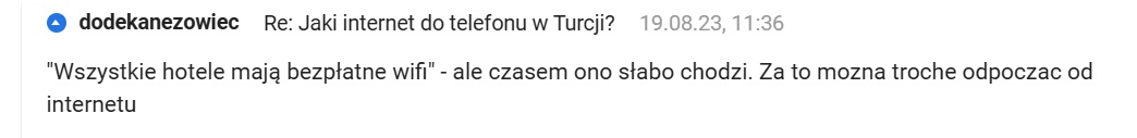 Komentarz na forum Gazeta.pl mówiący o niestabilnym WiFi w tureckich hotelach.