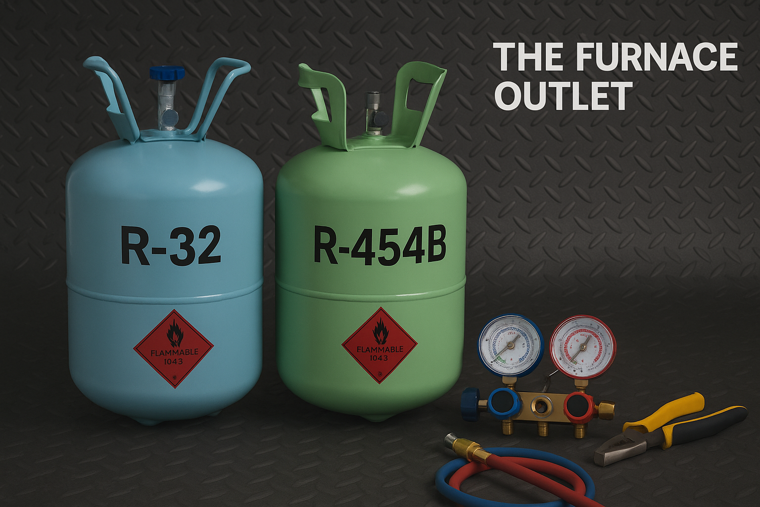 A digital photograph features two cylindrical refrigerant tanks—R-32 in light blue and R-454B in mint green—marked as flammable. The tanks are arranged beside HVAC gauges, hoses, and pliers, placed on a diamond-textured metal floor. The Furnace Outlet branding appears prominently, emphasizing energy efficiency and safety awareness
