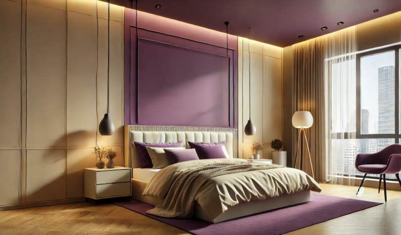 Luxurious bedroom in purple and cream, capturing the essence of a lavender field at dusk.
