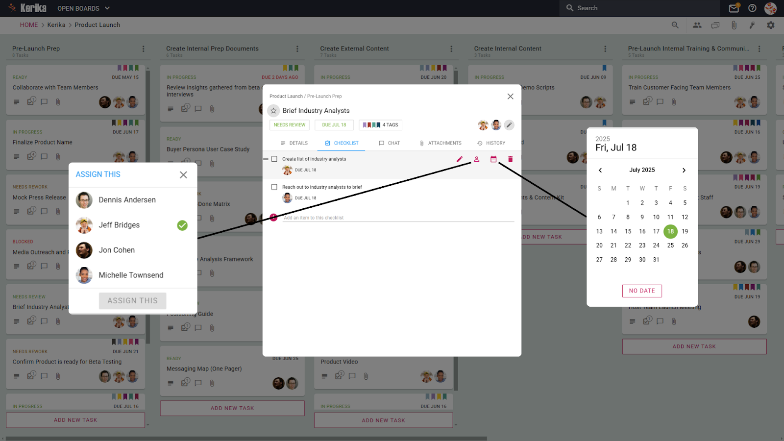 Kerika's checklist feature for breaking down tasks into manageable steps. The checklist lets you manage even the most complex projects by providing a way to break down larger tasks into granular subtasks, with assigned team members and deadlines. Experience the power of organization with Kerika
