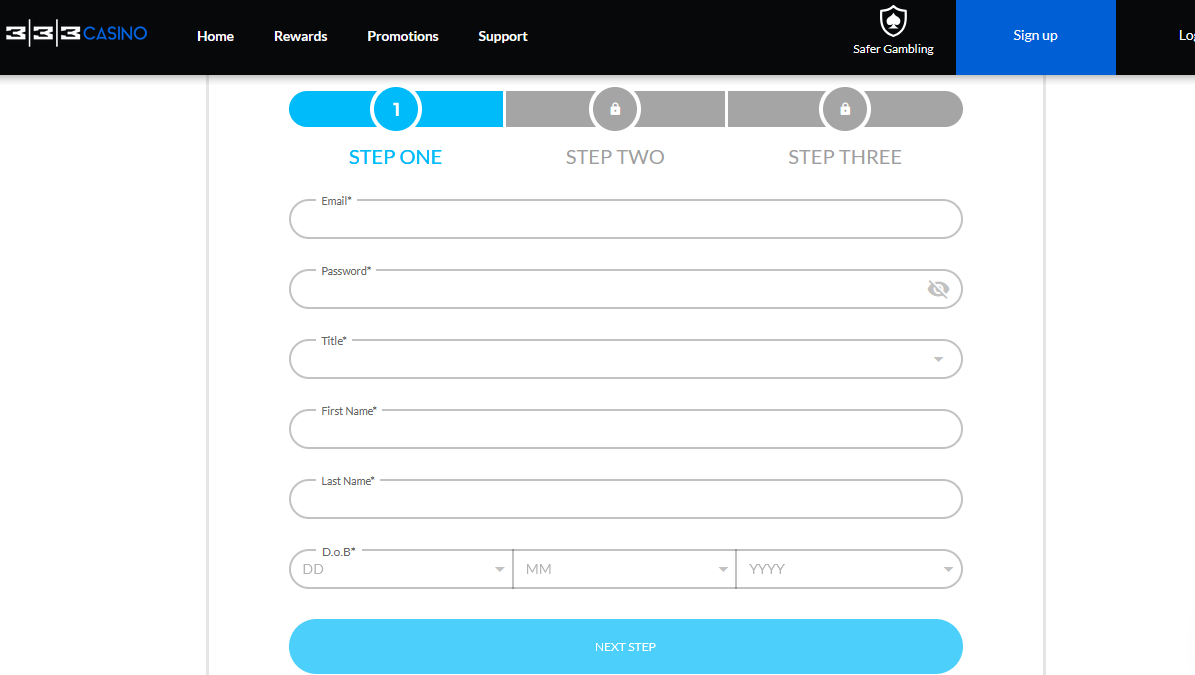 333 Casino sign up - step two
