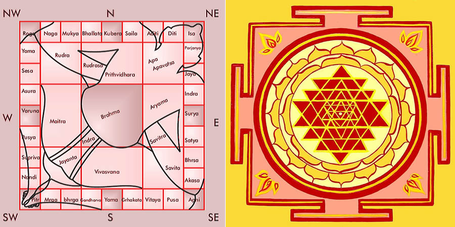 The image features a Vastu Purusha Mandala on the left, illustrating energy balance with directional elements and deities, while on the right, a Sri Yantra showcases interlocking red triangles framed by a square border and surrounded by decorative patterns—a masterpiece often admired by architects.