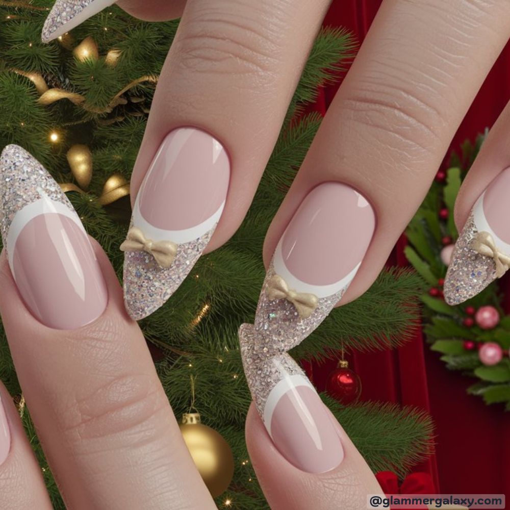 French Tip Christmas Nails having Glittery Stiletto Tips
