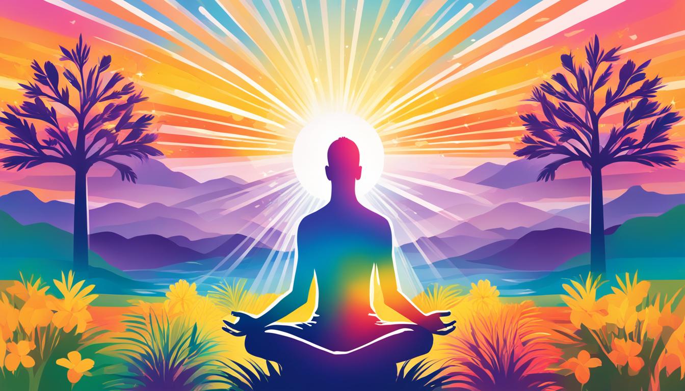 An image of someone sitting cross-legged in front of a beautiful sunset with their eyes closed and palms open, as if they are receiving all the positive energy around them. Show rays of light emanating from their palms and surrounding them with a warm and welcoming glow. Include elements of nature around them, such as trees, flowers, and birds, to represent the abundance of blessings in life. Show a small heart floating above their head to symbolize gratitude, and a beam of light shooting up from their crown to represent their connection to the universe.