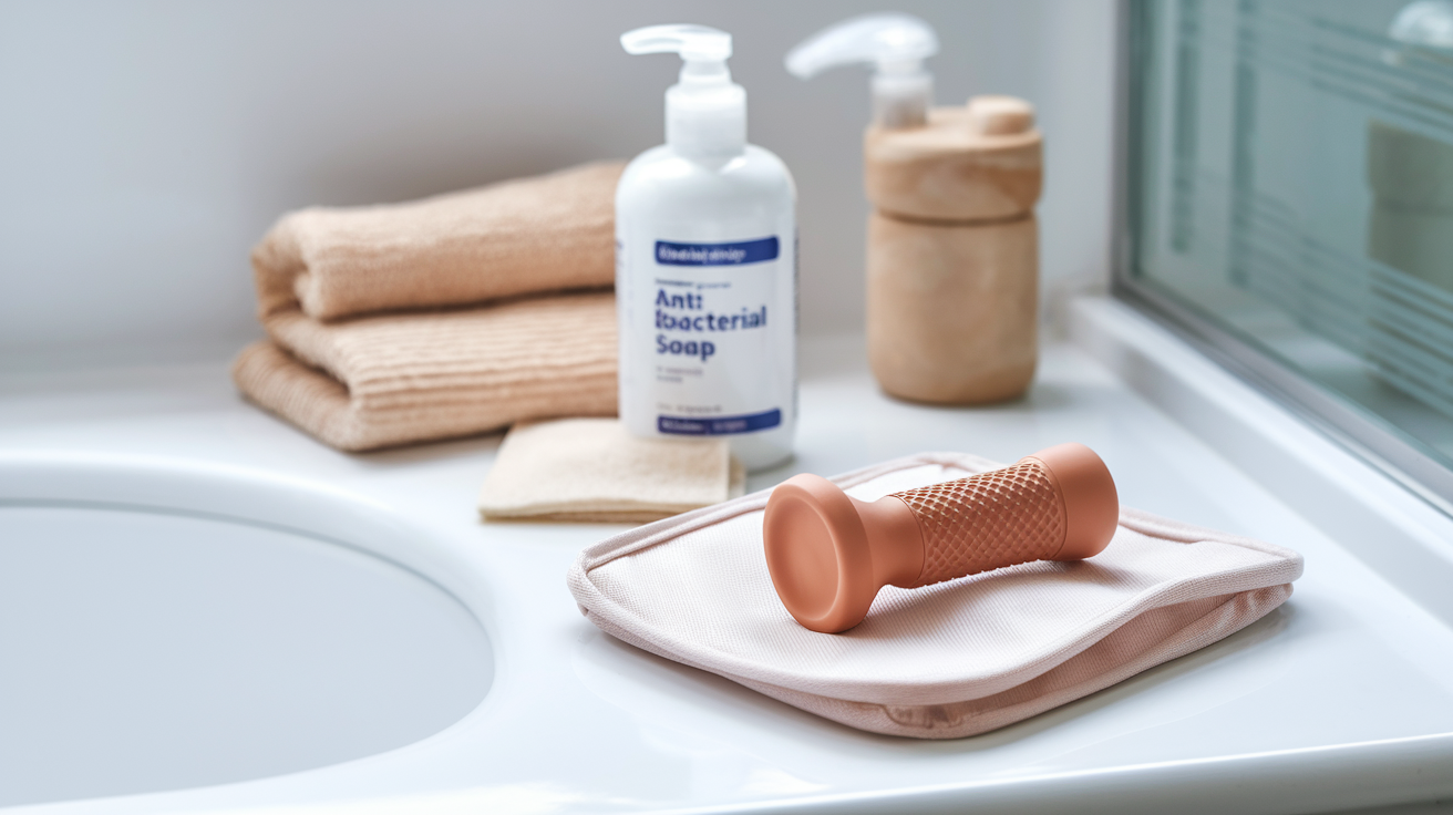 Create a realistic image of cleaning supplies arranged beside a silicone sex toy, including antibacterial soap, a soft cloth, and storage pouch on a clean bathroom counter with bright lighting, emphasizing proper hygiene and maintenance routines.