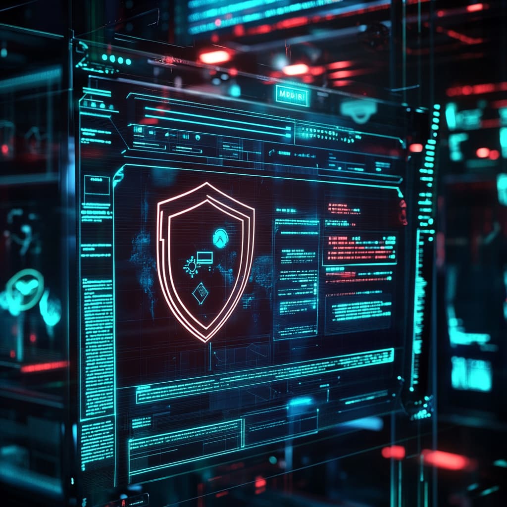 A high-tech cybersecurity war room screen showing real-time threat detection (red alerts) with a glowing 'MDR' and 'EDR' dashboard. Transparent holograms of hackers being blocked by a shield. Dark blue and green cyberpunk lighting