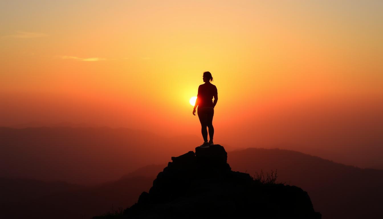 A person standing on top of a mountain, looking out into the horizon with a sense of hope and determination. The sun is setting behind them, casting warm orange and pink hues across the sky. In the distance, there is a faint outline of two figures holding hands, symbolizing the manifestation of their dream relationship coming to fruition. The person's body language exudes confidence and faith in their ability to attract love into their life.