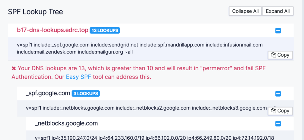 SPF 13 DNS lookups issue