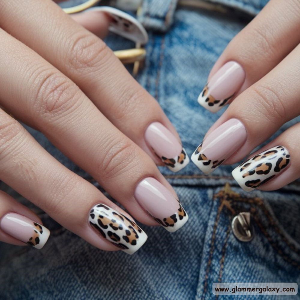 End of Summer Nails having White Coconut with Leopard Print