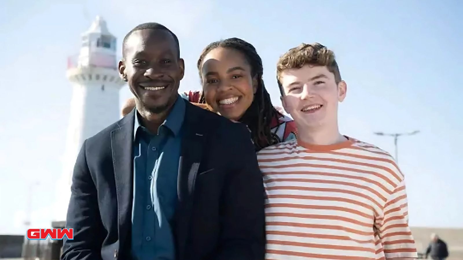 Marcus Onilude as Detective Constable Luke Jackson, RhéAna Kamalu as Chloe Jackson, and Jonny Grogan as Ross Dunlop in Hope Street Season 4