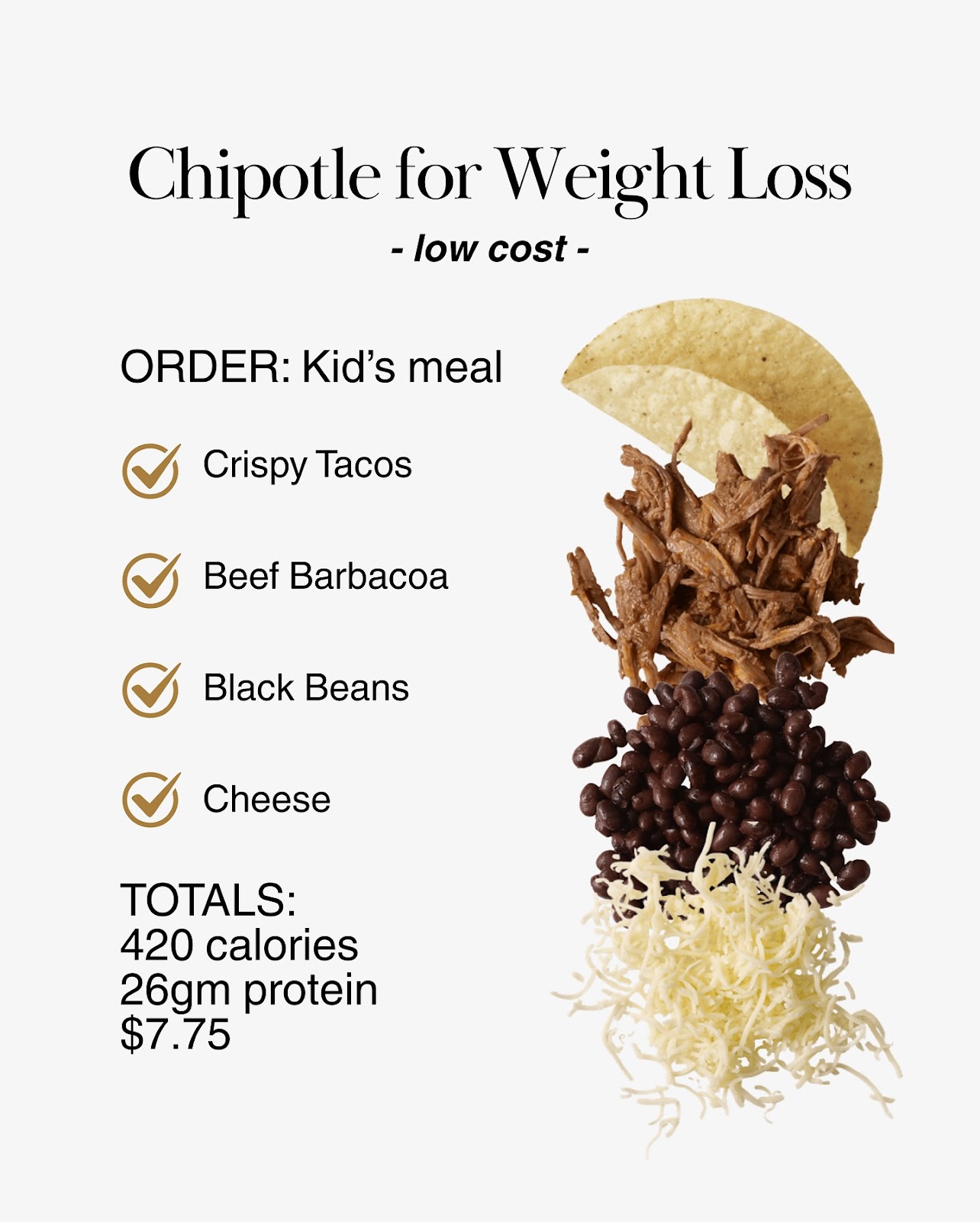 Chipotle kid’s meal with crispy tacos, barbacoa, black beans, and cheese.