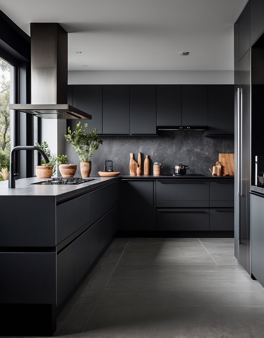 A sleek, modern kitchen with dark gray steel cabinets. Clean lines and minimalist design create a calming atmosphere