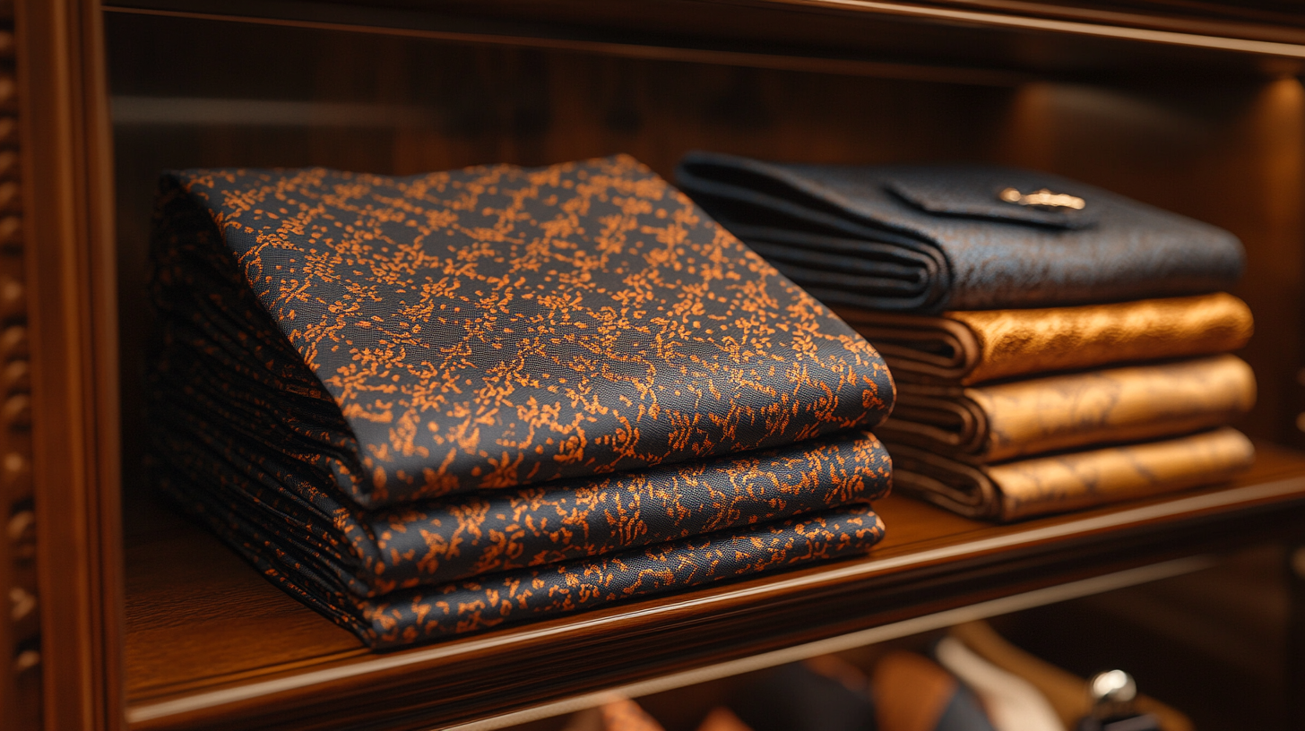 A neatly folded silk pocket square placed inside an elegant men's closet. The pocket square features a refined pattern and is displayed alongside designer ties, cufflinks, and leather wallets. Warm, soft lighting highlights the texture of the fabric, creating a sophisticated atmosphere. Ultra-detailed, hyper-realistic, cinematic lighting, luxury fashion photography, high-end wardrobe aesthetic.