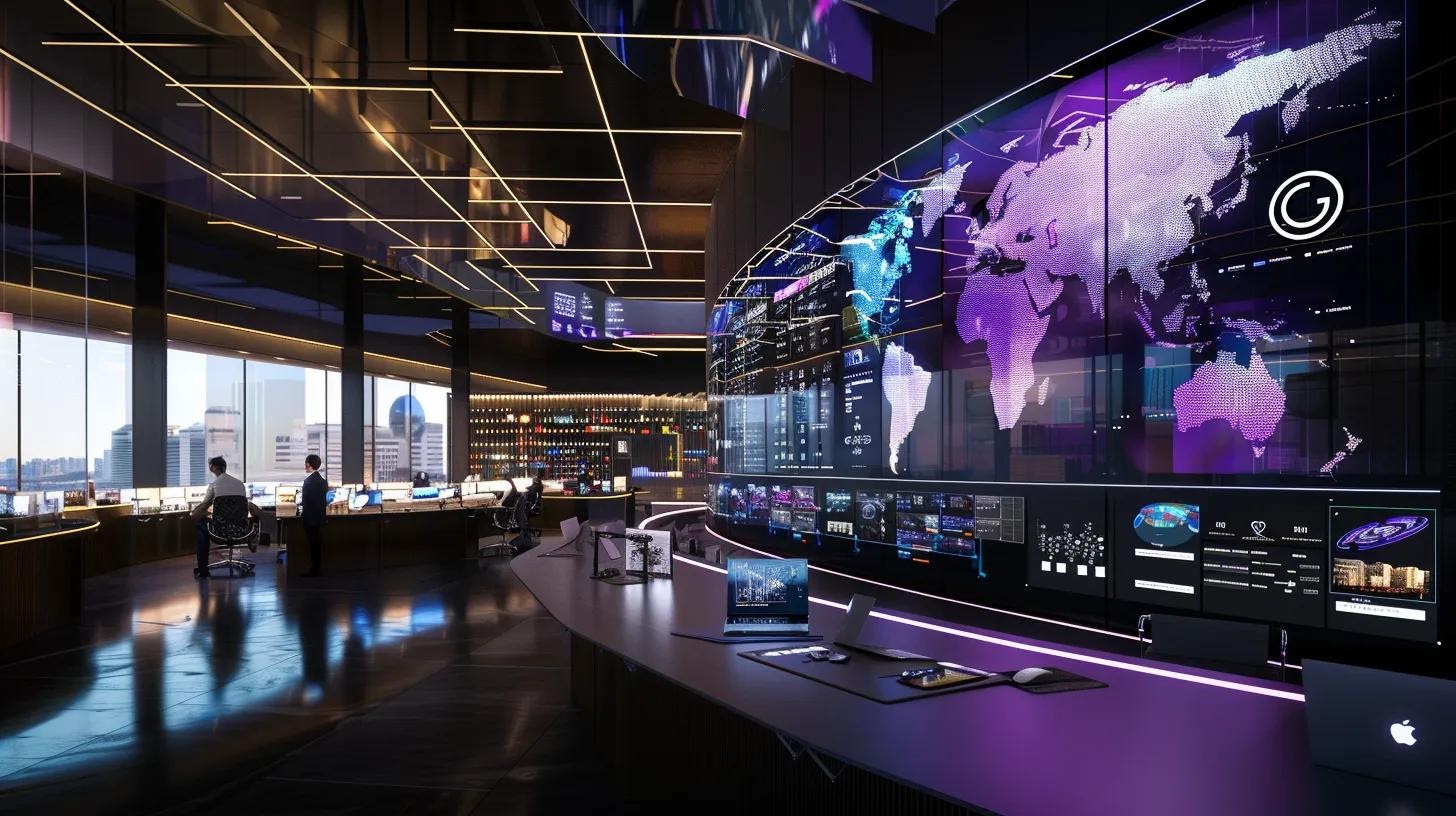 a sleek, modern office setting showcases a diverse team of professionals collaborating around a large screen displaying a vibrant dashboard of performance metrics and user interface designs, embodying the dynamic implementation of modern front-end frameworks.