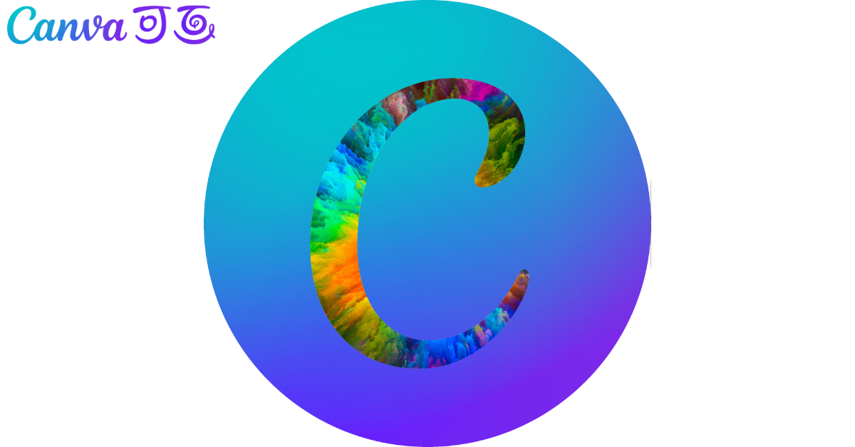 Stylized Canva logo with a large "C" filled with a colorful, abstract pattern on a circular gradient background transitioning from teal to purple.