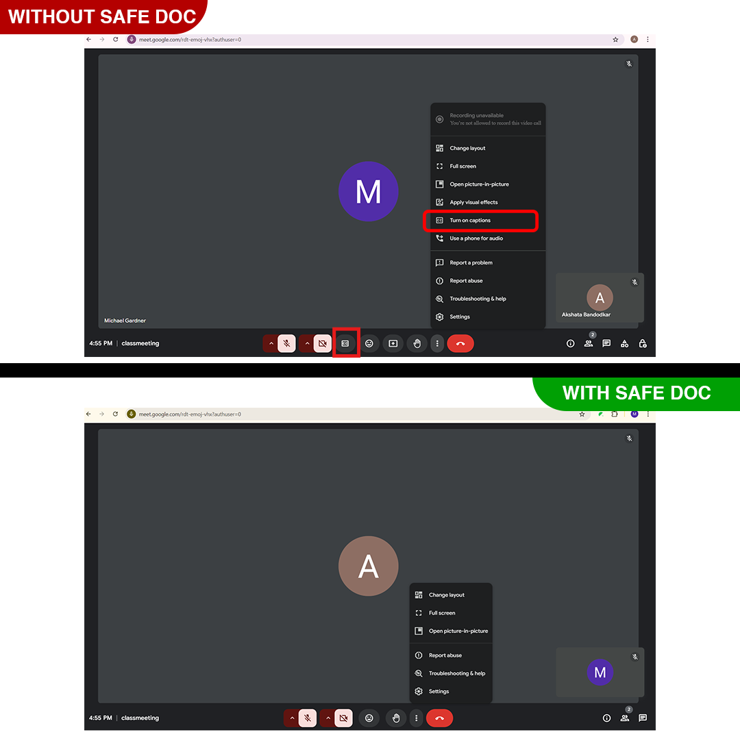 Safe Doc Blocks the Captions in Google Meet