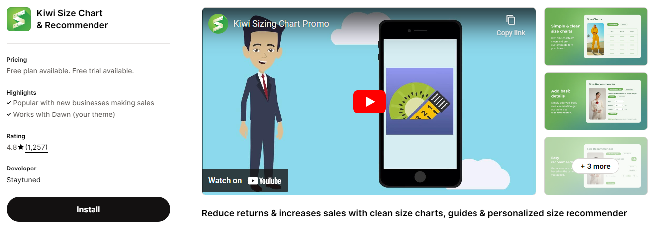 Kiwi size chart: best Shopify apps for clothing store.