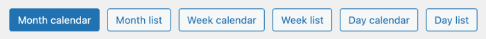 Buttons with the available views for the Dashboard Calendar page of the Rental Products for WooCommerce extension.
