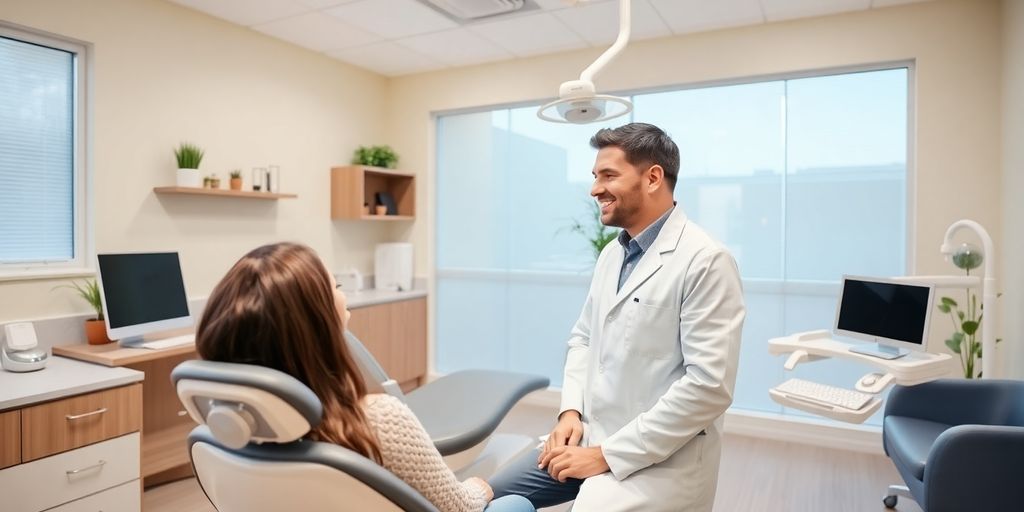 Friendly dentist welcoming a patient in a dental office.