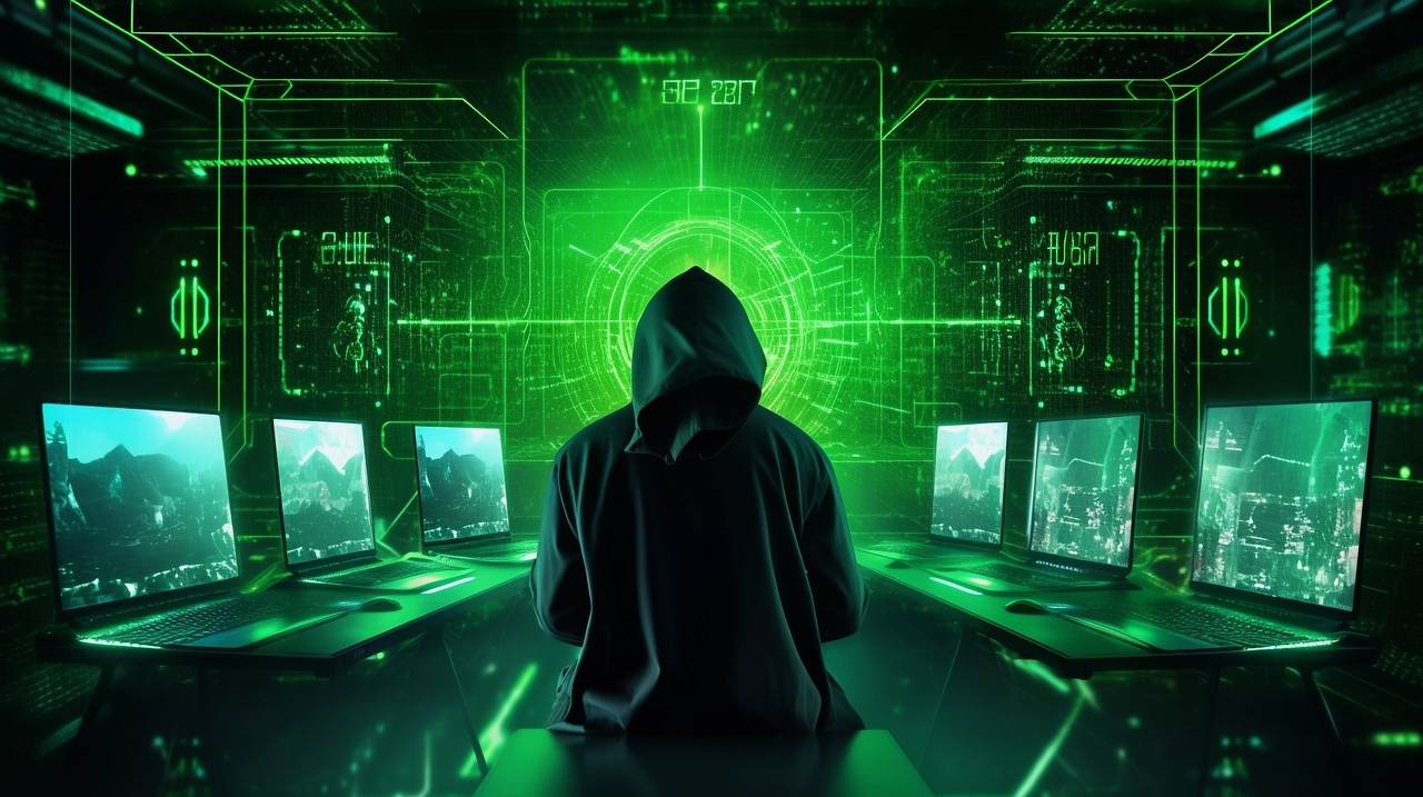 A digital image of a hooded figure sitting at a desk with multiple green-lit monitors in a cyber environment.