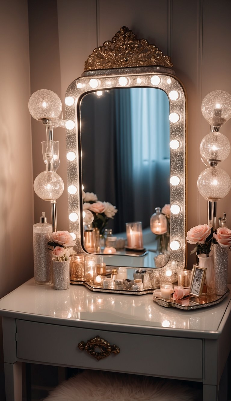 A sparkling vanity table adorned with princess-themed decor and surrounded by twinkling lights in a luxurious bedroom