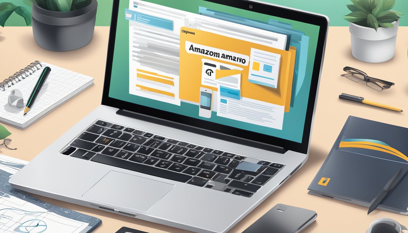 A laptop displaying the Amazon homepage with a "How to Advertise on Amazon" guide open, surrounded by marketing materials and a notepad with brainstorming notes