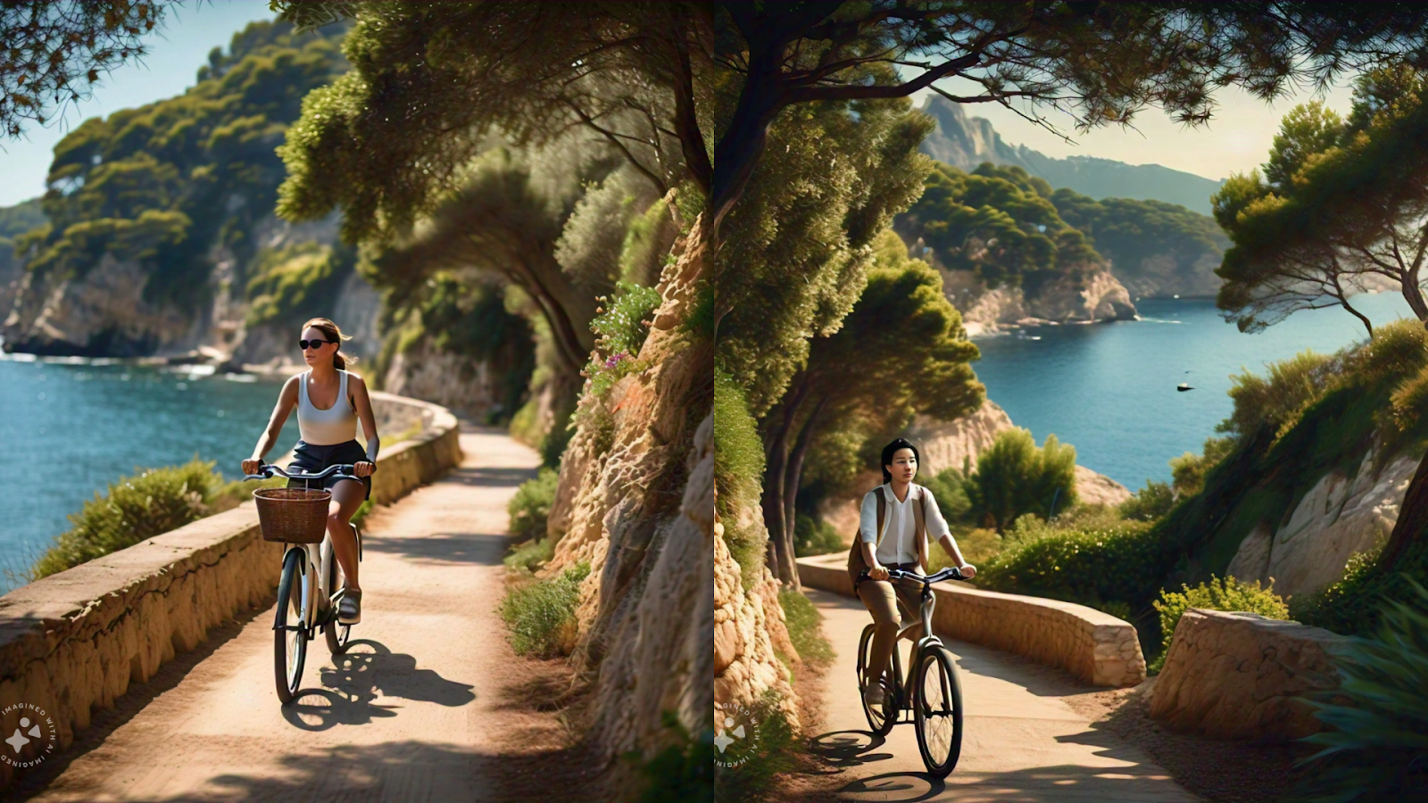 A peaceful Mediterranean landscape with a person enjoying a walk or bike ride, reflecting the active lifestyle associated with the diet.