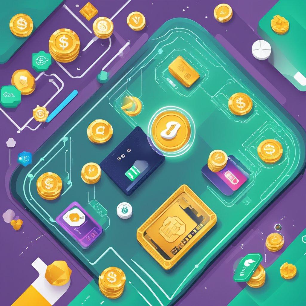 A casino chip sliding through a digital payment gateway, surrounded by icons representing various payment methods, with processing times and fees displayed alongside