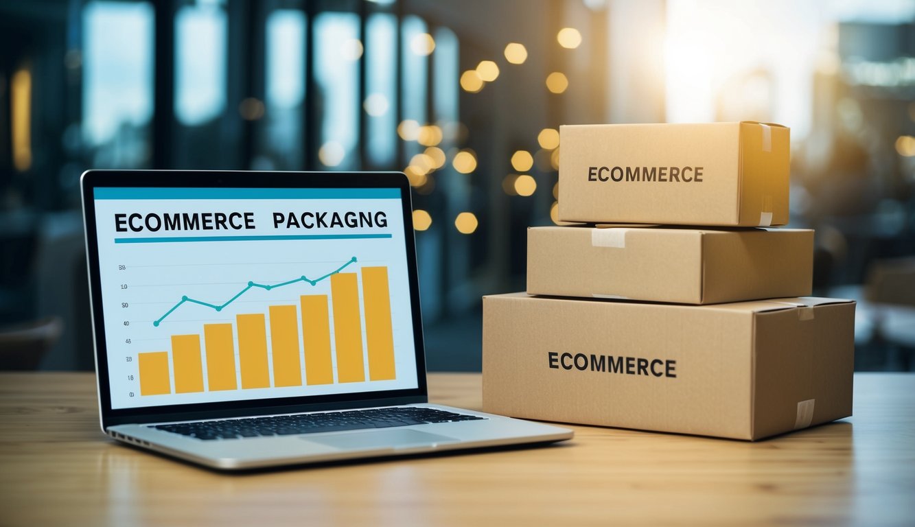 A laptop displaying sales data next to a stack of ecommerce packages. A chart shows an upward trend, indicating the positive impact of packaging on sales