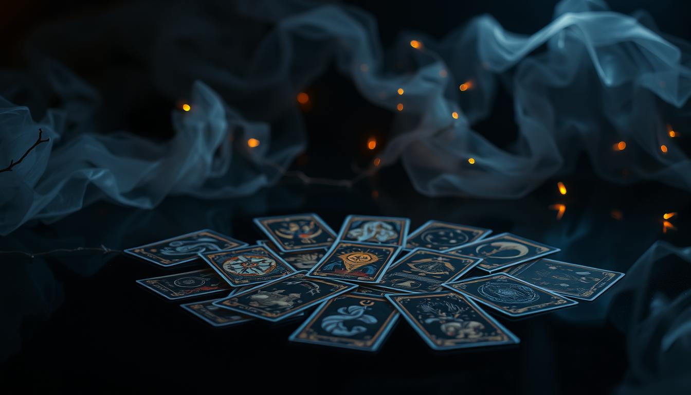 A mystical scene featuring an array of tarot cards spread across a dark, reflective surface, with ethereal light illuminating each card. In the background, a softly swirling mist suggests the subconscious mind, while abstract symbols of dreams and intuition intertwine with delicate vines and stars. The overall mood is enchanting and introspective, inviting exploration of the hidden depths of the psyche.