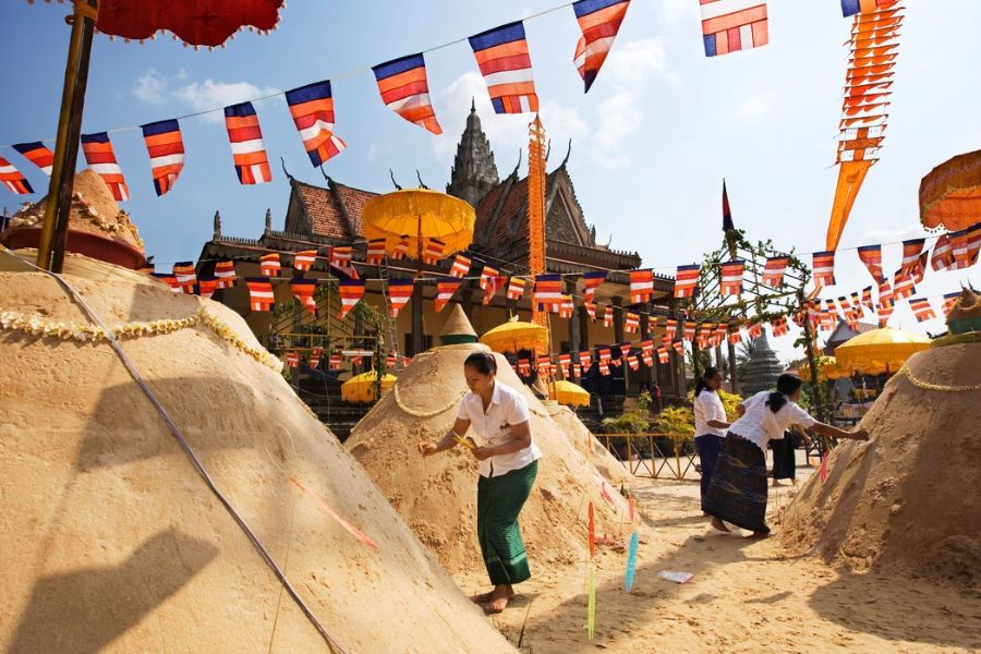 Cambodian people often build sand stupas at temples, symbolizing Mount Meru in Buddhist beliefs.