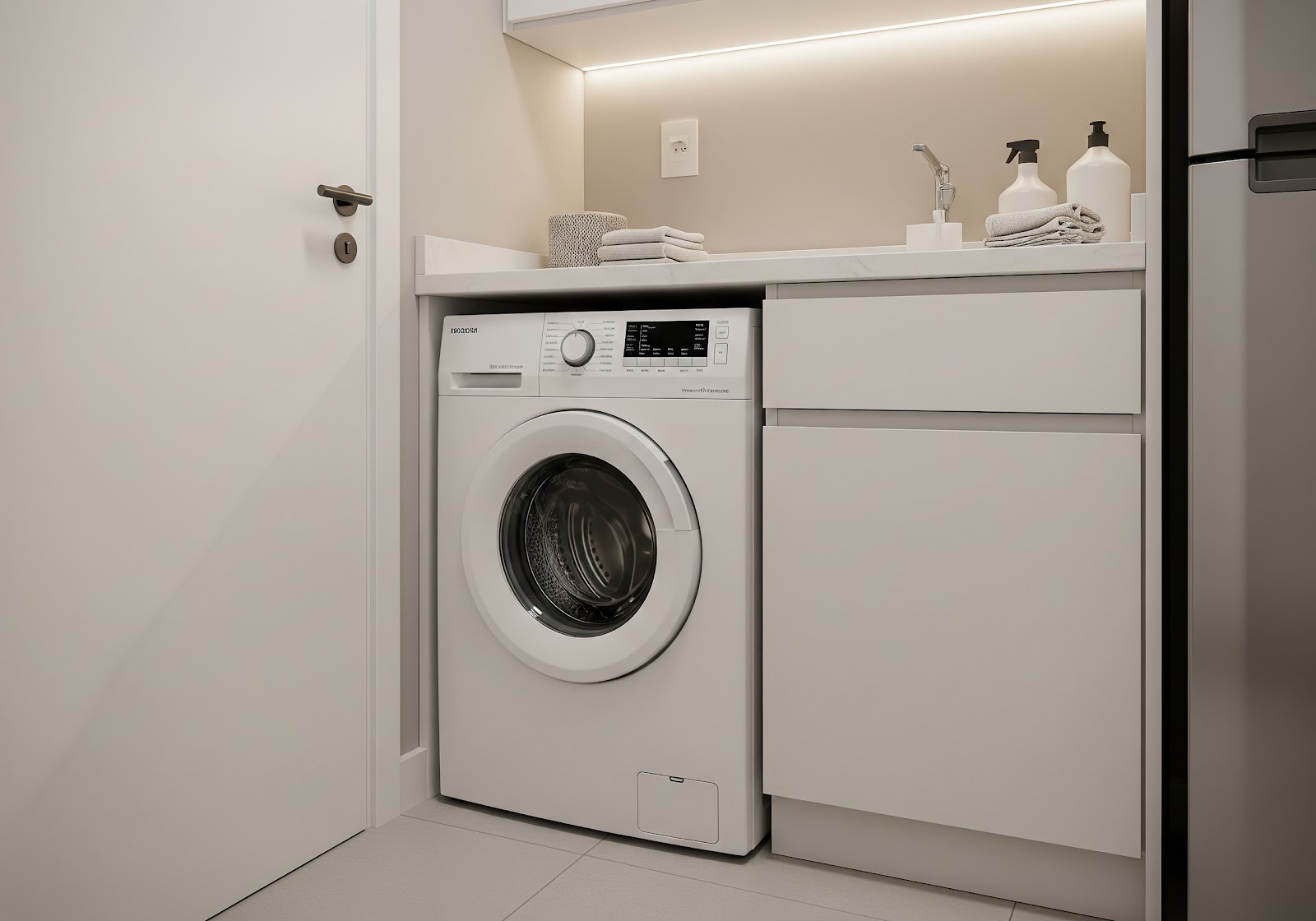 Uma máquina de lavar e secar roupa compacta de cor branca, instalada em uma pequena área de serviço de apartamento, com um armário embutido ao lado.