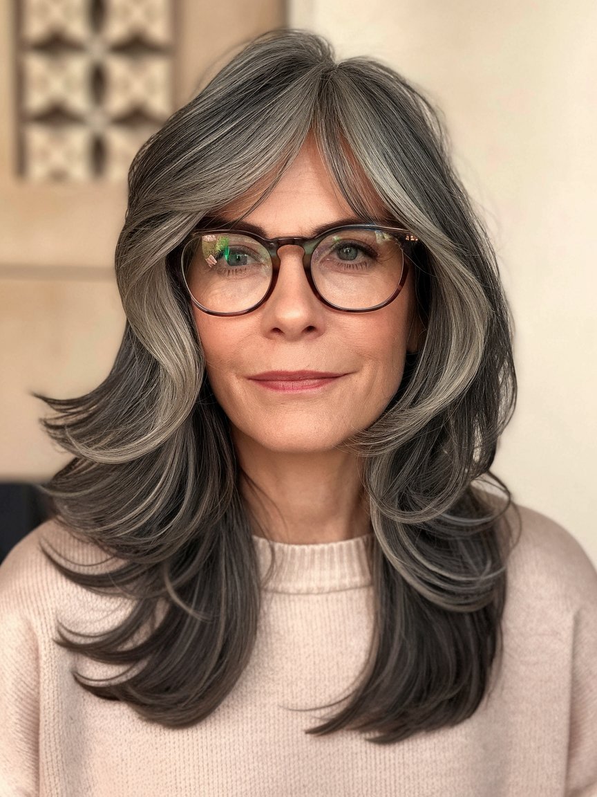 19. Layered Waves with Face Framing Bangs and Glasses