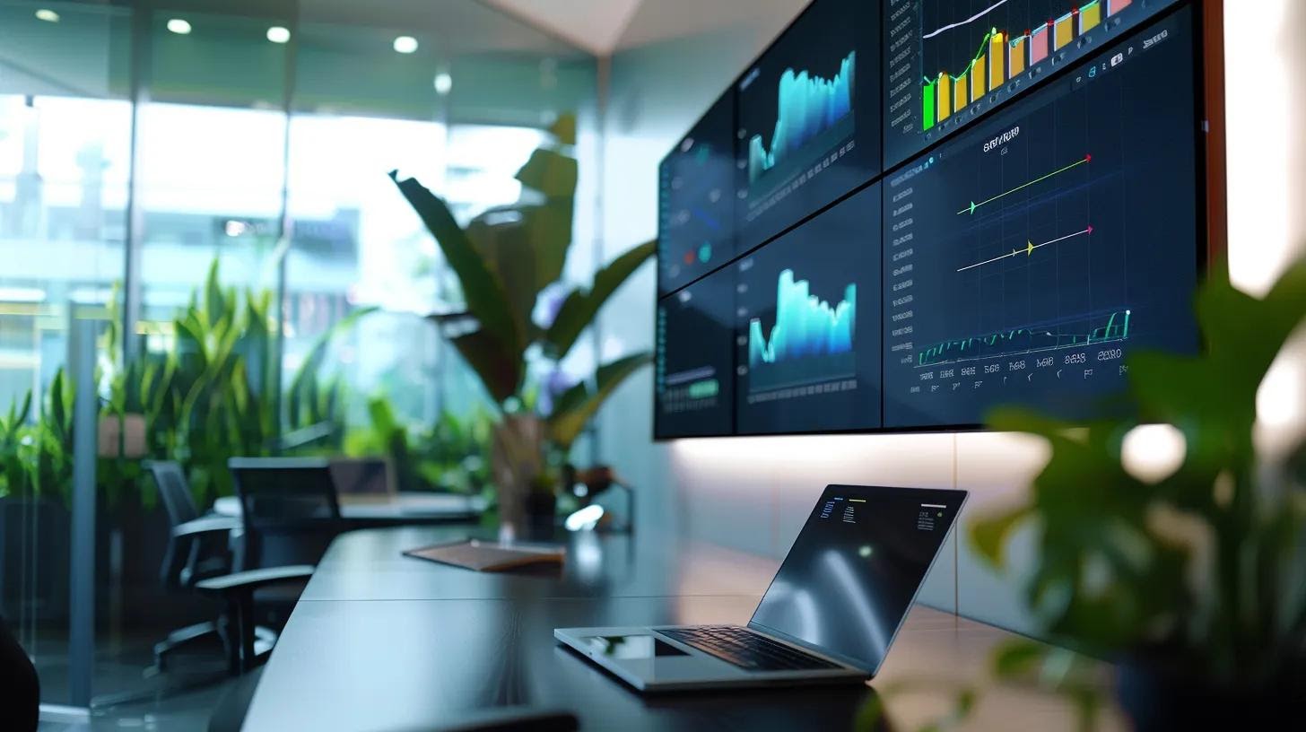 a sleek, modern office with a large digital screen displaying vibrant analytics dashboards, illustrating key performance metrics and trends to strategically adapt marketing efforts for playas del coco.