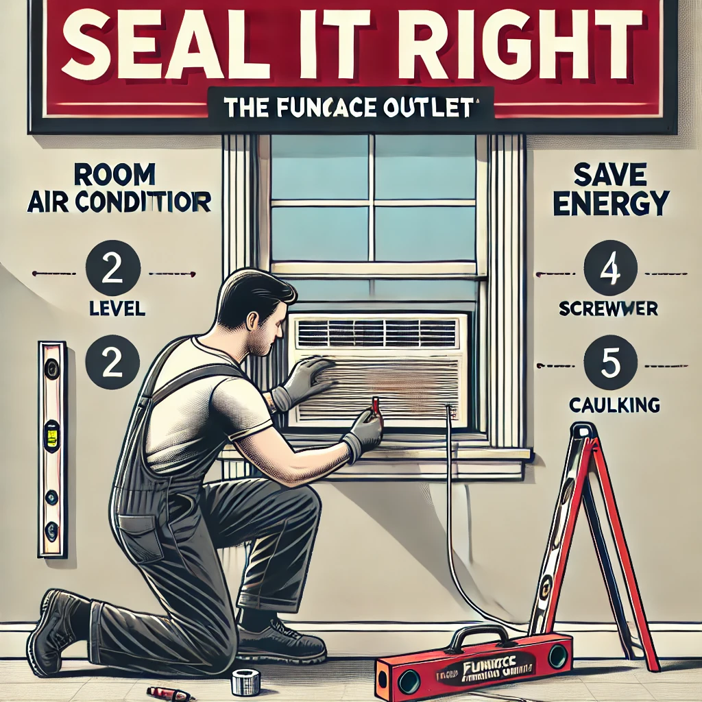 HVAC technician sealing a window air conditioner with tools nearby, branded with “Seal It Right, Save Energy” and The Furnace Outlet logo.